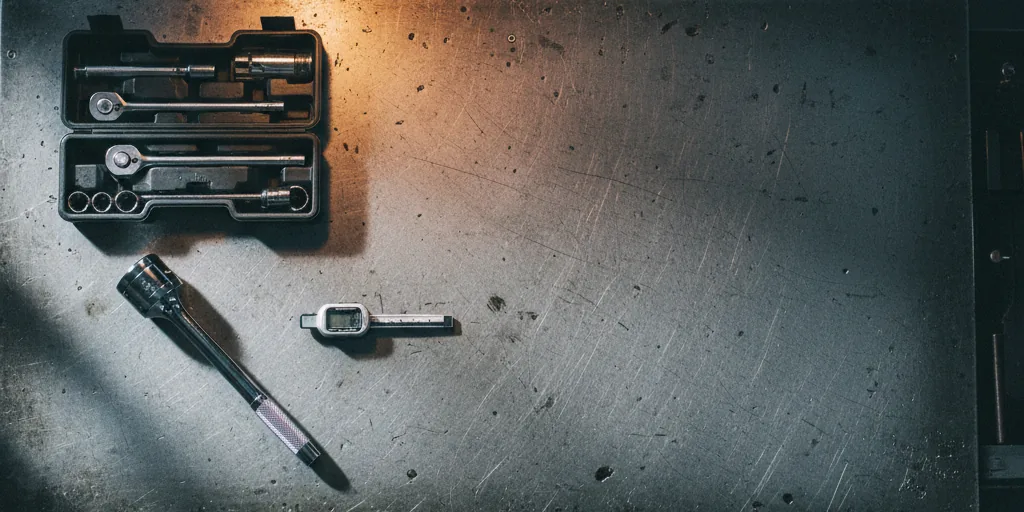 A torque wrench, socket set and tyre tread depth gauge laid out on a steel workbench under a workshop lamp